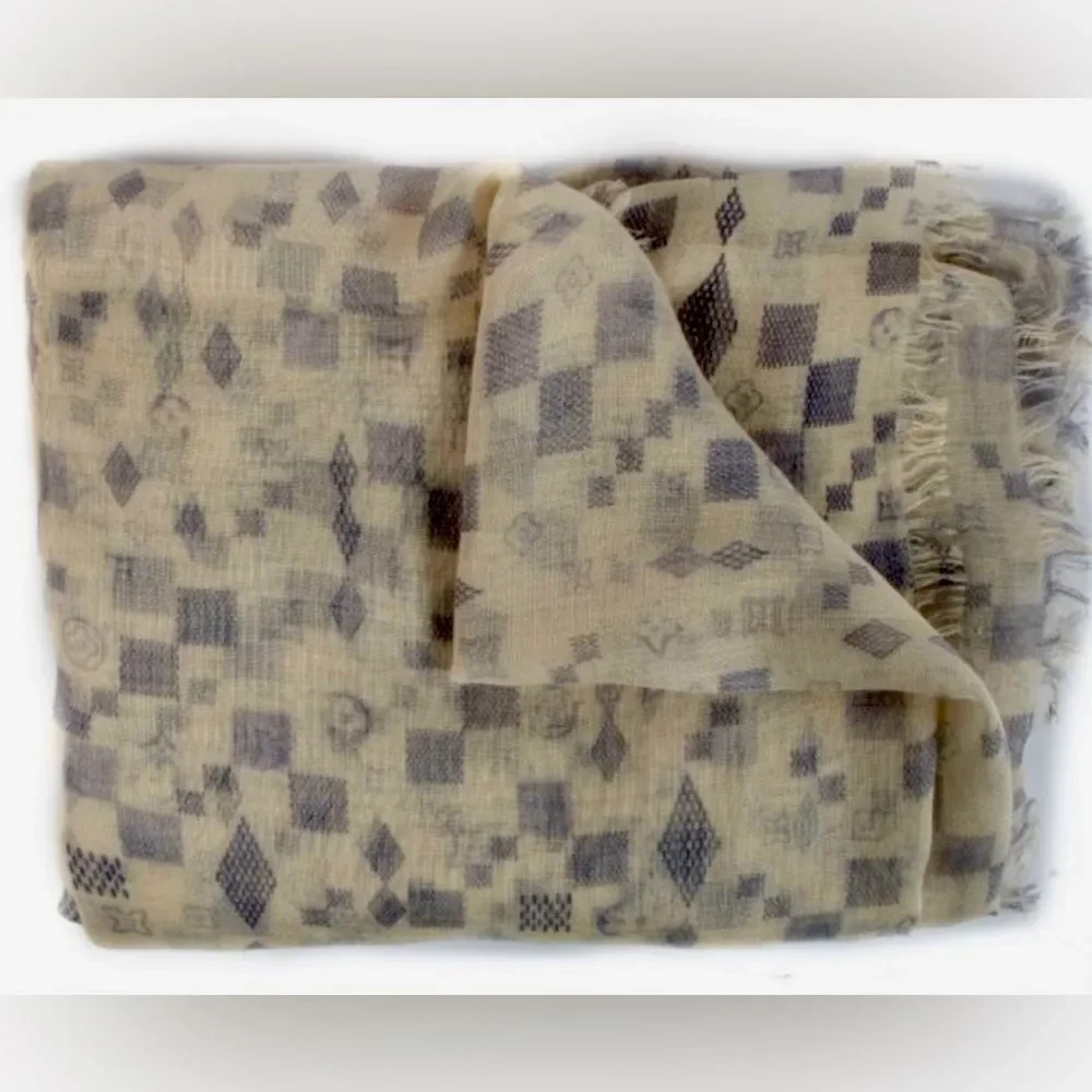 Auth Louis Vuitton Damier Azur Semi Sheer Cashmere / Silk Shawl Stole Wrap Scarf
